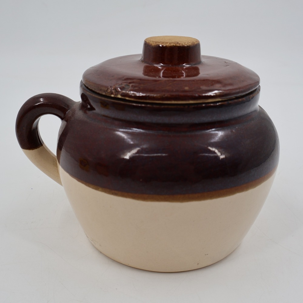Vintage USA Bean Pot Stoneware Small Brown Tan Two Tone Glazed With Lid Handle